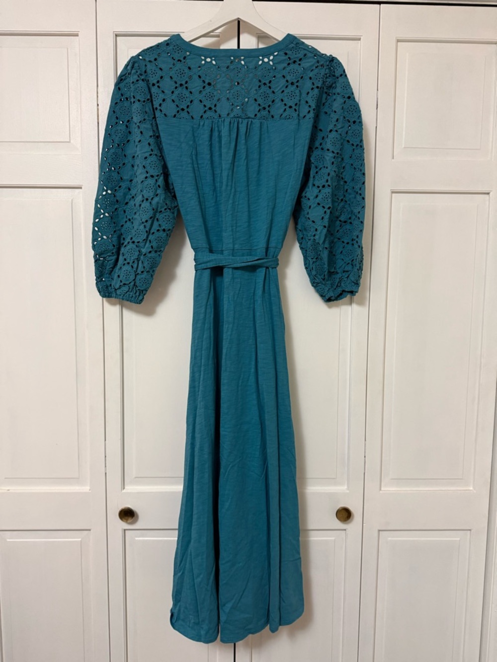 NWT Boden Eden Broderie Jersey Dress Teal Eyelet Tie-Waist Midi Dress 16-18 R - Picture 3 of 11